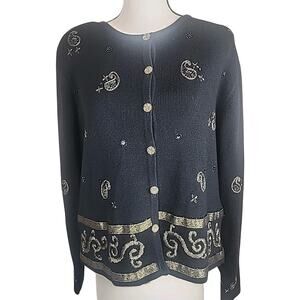 Talbots Beaded Cardigan Black Long Sleeve Women's Medium Sequins Shoulder Pad